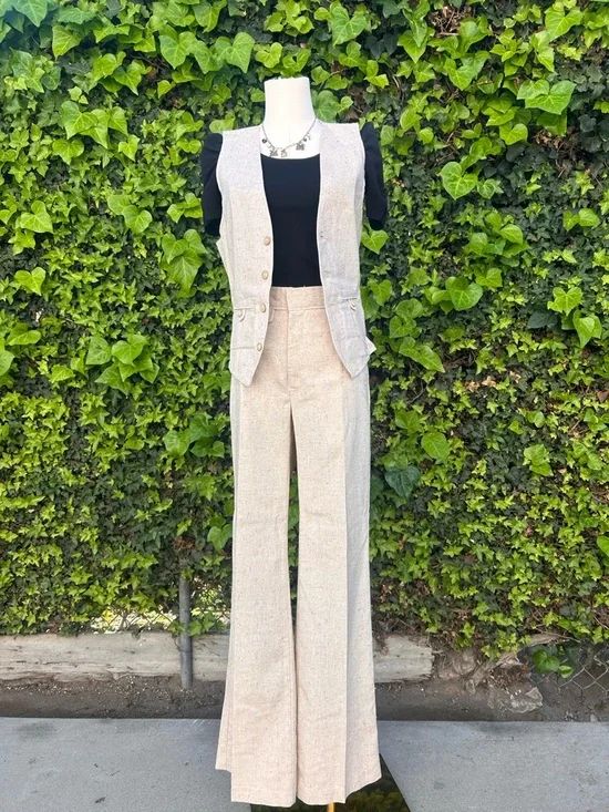 Vintage 70s Pantsuit High Waist Wide Leg Flared Cotton Textured Cream Neutral - Picture 3 of 12